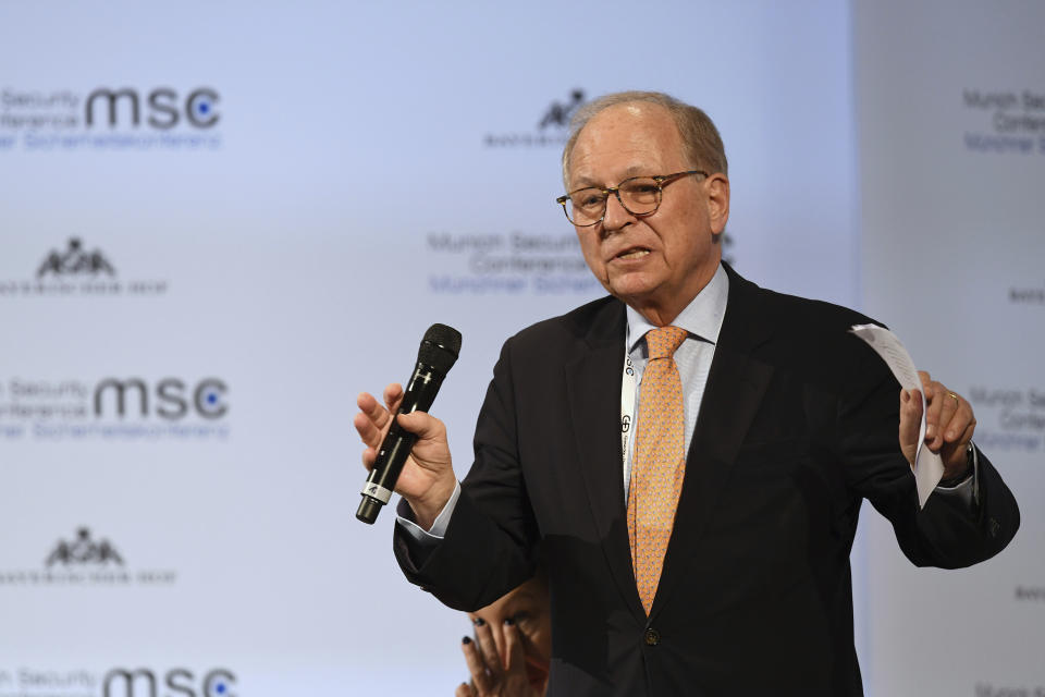 Wolfgang Ischinger, chairman of the Munich Security Conference during his closing speech at the Munich Security Conference in Munich, Germany, Sunday, Feb. 17, 2019. (AP Photo/Kerstin Joensson)