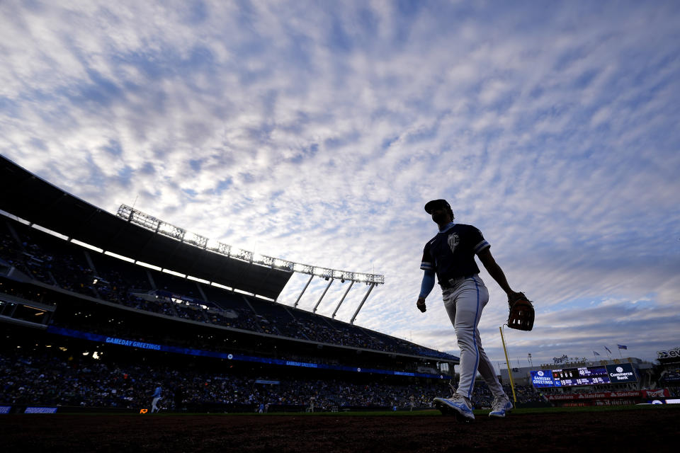 Kansas City Royals left fielder MJ Melendez walks to thee dugout during the third inning of a baseball game against the Baltimore Orioles Friday, April 19, 2024, in Kansas City, Mo. (AP Photo/Charlie Riedel)