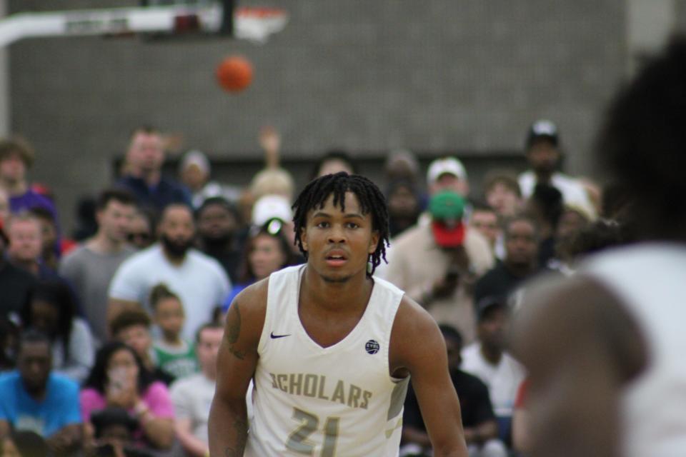 DJ Wagner of the NJ Scholars looks down the court during an AAU basketball game Saturday, May 28, 2022, at the Kentucky Exposition Center in Louisville, Ky. Wagner is one of the top recruits in the 2023 class and has scholarship offers from both Louisville and Kentucky.