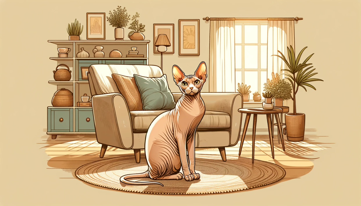 AI-generated illustration of a Sphynx cat sitting in a sunny and cozy living room