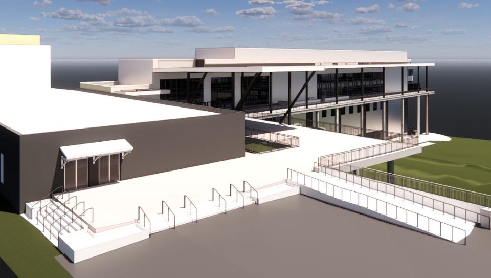 An artist's rendering of the exterior of the Classic Center Arena shows an open area designated for public art.