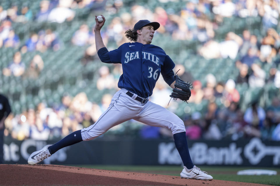 Seattle Mariners starter Logan Gilbert delivers a pitch during the first inning of a baseball game against the Minnesota Twins, Monday, July 17, 2023, in Seattle. (AP Photo/Stephen Brashear)