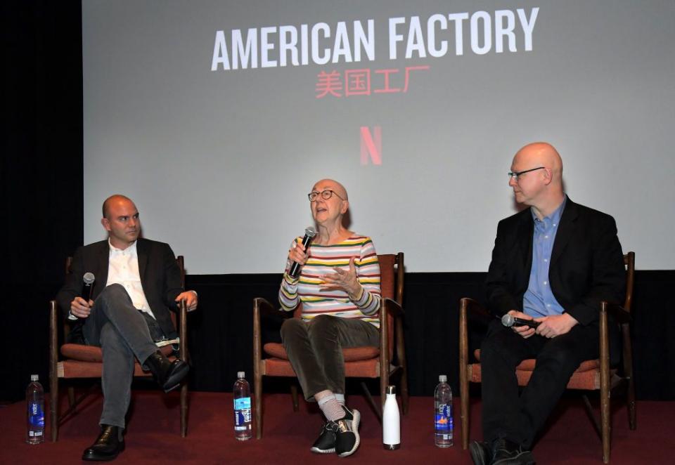 WEST HOLLYWOOD, CALIFORNIA - JANUARY 31: Ben Rhodes, Julia Reichert and Steven Bognar speak onstage at the 'American Factory' AMPAS screening at Soho House on January 31, 2020 in West Hollywood, California. (Photo by Charley Gallay/Getty Images for Netflix)