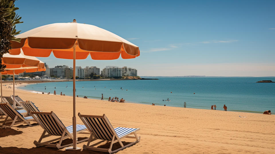 Coastline resort properties with the iconic beach umbrellas and sunbathers in the foreground.