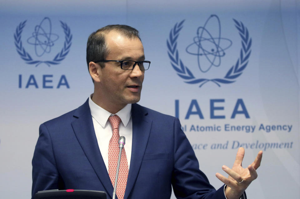 Acting Director General of the International Atomic Energy Agency (IAEA), Cornel Feruta, addresses the media during a news conference after a meeting of the IAEA board of governors at the International Center in Vienna, Austria, Monday, Sept. 9, 2019. (AP Photo/Ronald Zak)