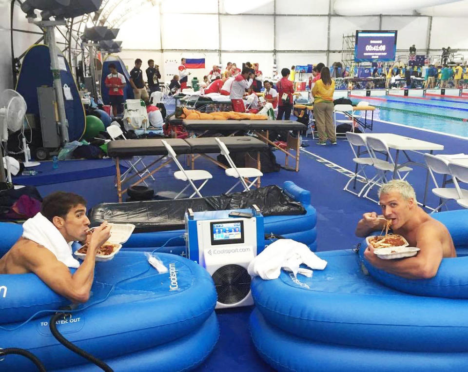 They carbo-load together before the 200m IM final. As Lochte wrote: “One last time! #USA #longjourney #12years” (Credit: Instagram)