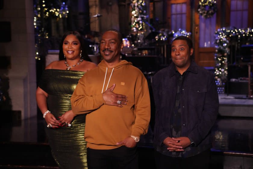 Musical guest Lizzo, host Eddie Murphy, and "Saturday Night Live" cast member Kenan Thompson.