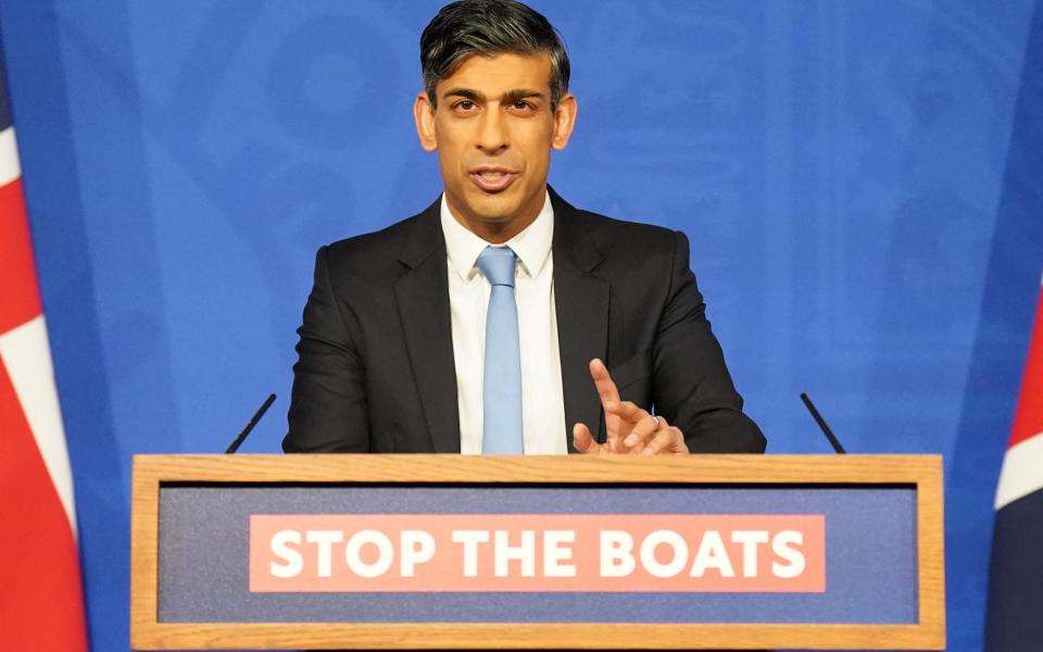 Rishi Sunak, the Prime Minister, is pictured this morning as he held a press conference in No 9 Downing Street