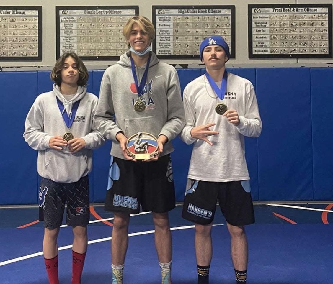 Buena's Rylan Pedroza (left to right), Jon Miller and Charley Newman each qualified for the CIF-SS Masters meet. Miller won the 160-pound title, Pedroza finished third at 113 and Newman was fourth at 138 during the CIF-SS Northern Tournament on Saturday at Shadow Hills High in Indo.