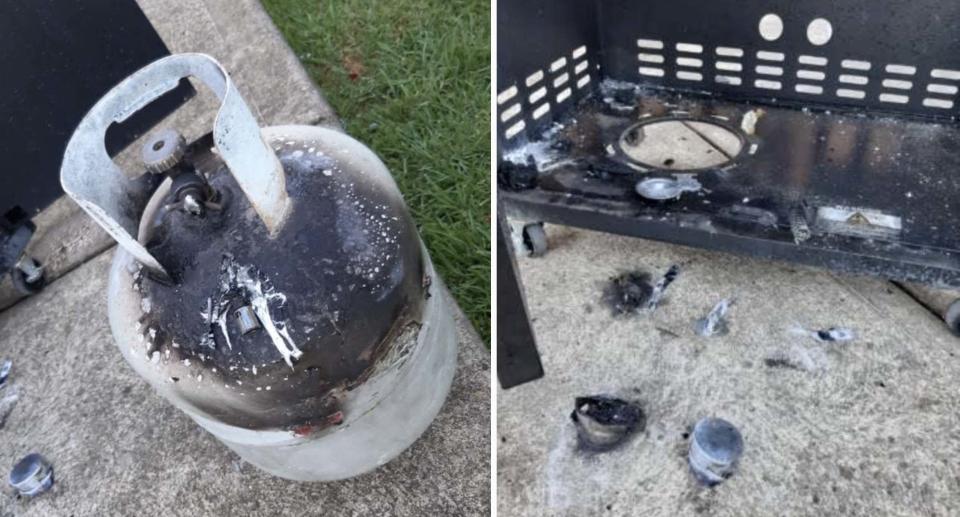 The burnt gas cylinder (left) and barbecue (right).