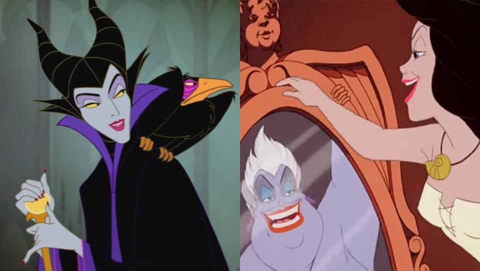 Maleficent with her raven and Ursual looking at herself in the mirror - depictions of queer witches