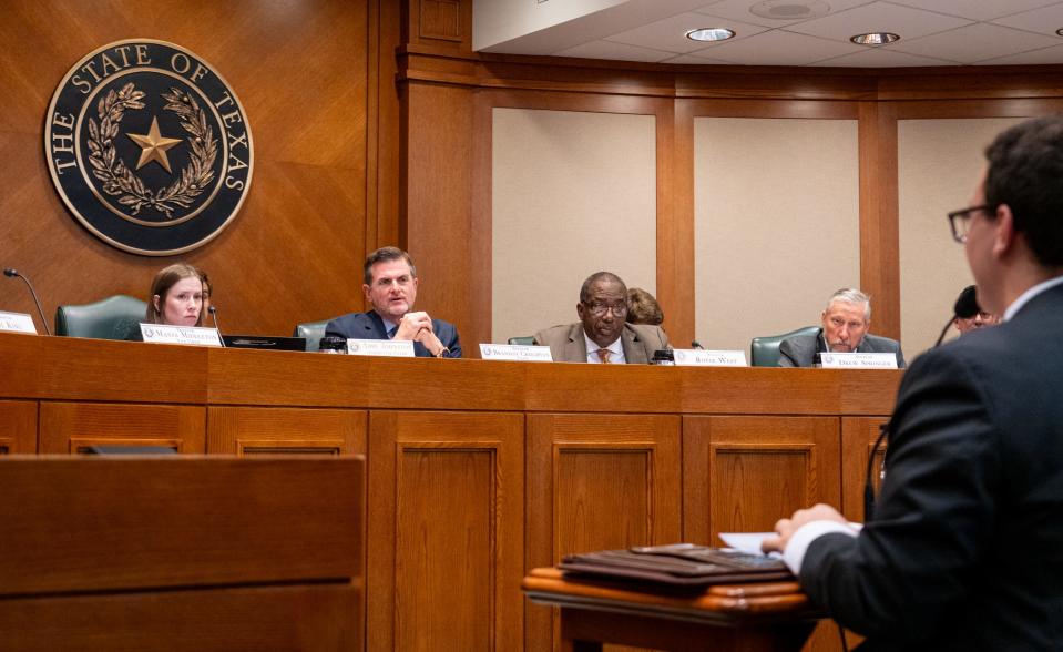 University of Texas student Levi Fox answers questions from Senator Brandon Creighton during a committee hearing focused on campus free speech and combatting anti-semitism on Tuesday, May 14, 2024 at the Texas State Capitol.