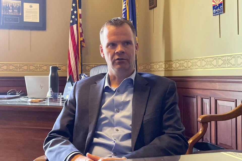 FILE - Wisconsin Senate Majority Leader Devin LeMahieu speaks during an interview with the Associated Press on Dec. 6, 2023, in Madison, Wis. (AP Photo/Harm Venhuizen, file)