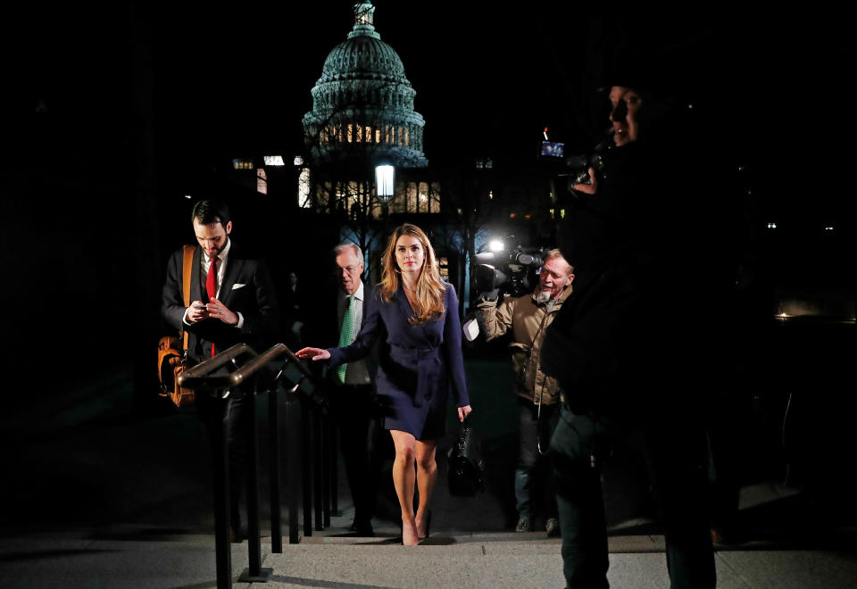 White House communications director Hope Hicks leaves the U.S. Capitol after attending the House Intelligence Committee closed door meeting in Washington, Feb. 27, 2018. (Photo: Leah Millis/Reuters)