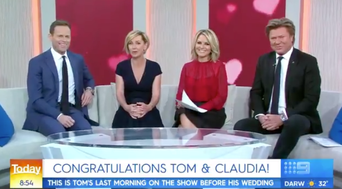 The Today show cast celebrated newsreader Tom Steinfort's upcoming wedding on Wednesday morning. Photo: Channel Nine 