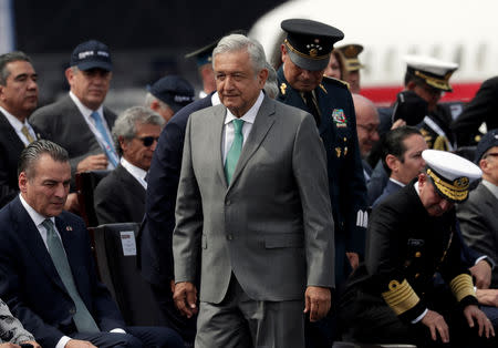 Mexico's President Andres Manuel Lopez Obrador arrives to give a speech during the inauguration of the Aerospace Fair 2019 at the Santa Lucia military airbase in Tecamac near Mexico City, Mexico April 24, 2019. REUTERS/Henry Romero