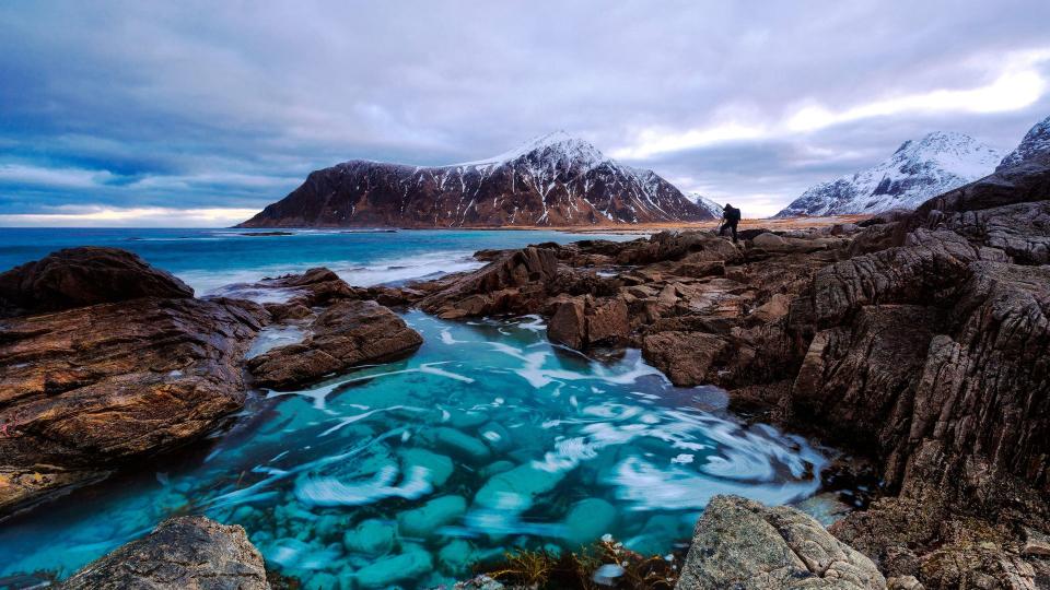 Flakstad beach with Hustinden peak in the background, Lofoten Islands, Norway