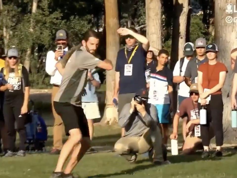 James Conrad lines up his shot at the 2021 Professional Disc Golfers Association World Championships.