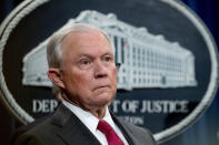 FILE - In this Oct. 16, 2018 file photo, then Attorney General Jeff Sessions attends a news conference at the Justice Department in Washington. Senate Democratic leaders are demanding that former Attorneys General Bill Barr and Jeff Sessions testify about the secret seizure of data from House Democrats in 2018. (AP Photo/Andrew Harnik)