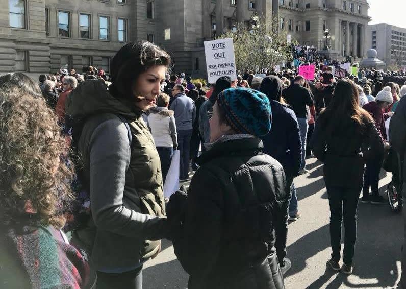 Jordan&nbsp;listens to women during the Women's March outside the Idaho Capitol in March 2018. (Photo: Paulette Jordan campaign)