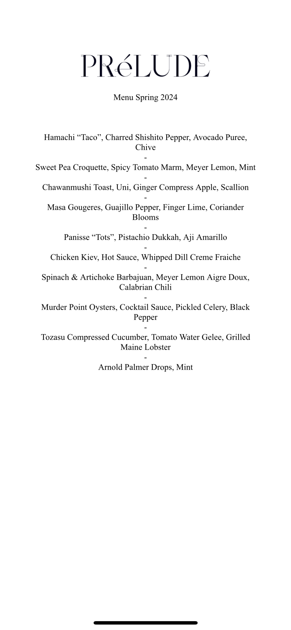 The opening menu at Prelude, scheduled to welcome the public at 707 W. 10th St. in April.