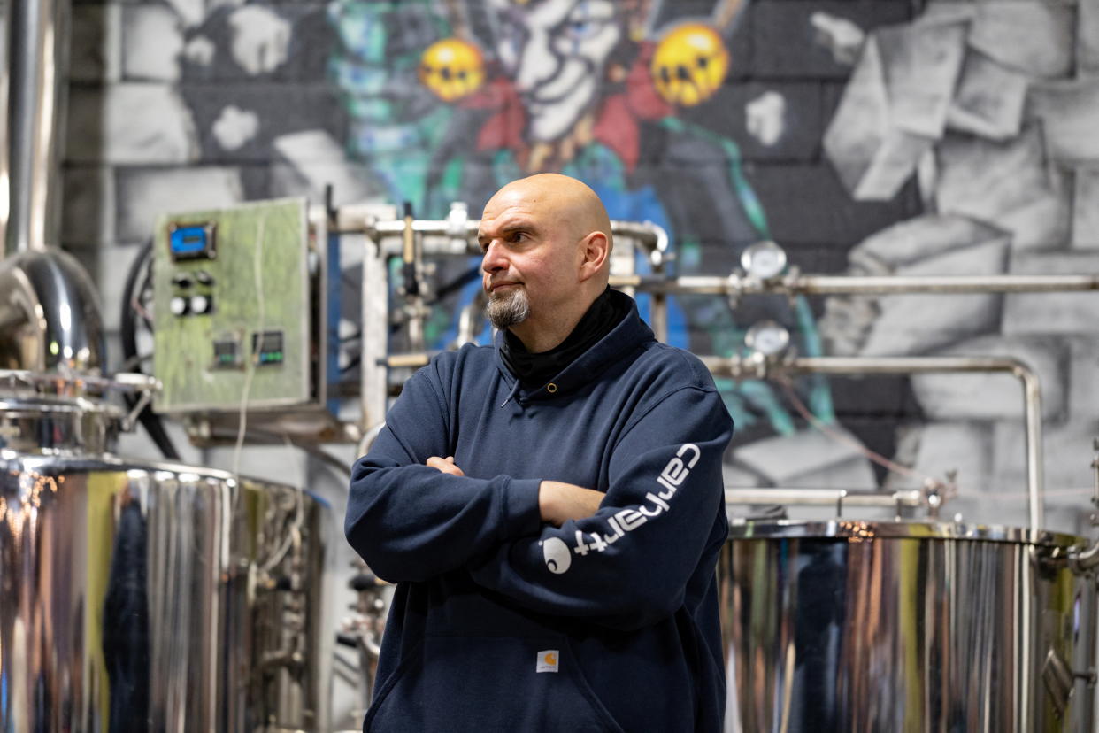 Lt. Gov. John Fetterman, U.S. Democratic Senate candidate for Pennsylvania, looks on as he speaks at a meet-and-greet at the Weyerbacher Brewing Company in Easton, Pennsylvania, U.S., May 1, 2022. REUTERS/Hannah Beier