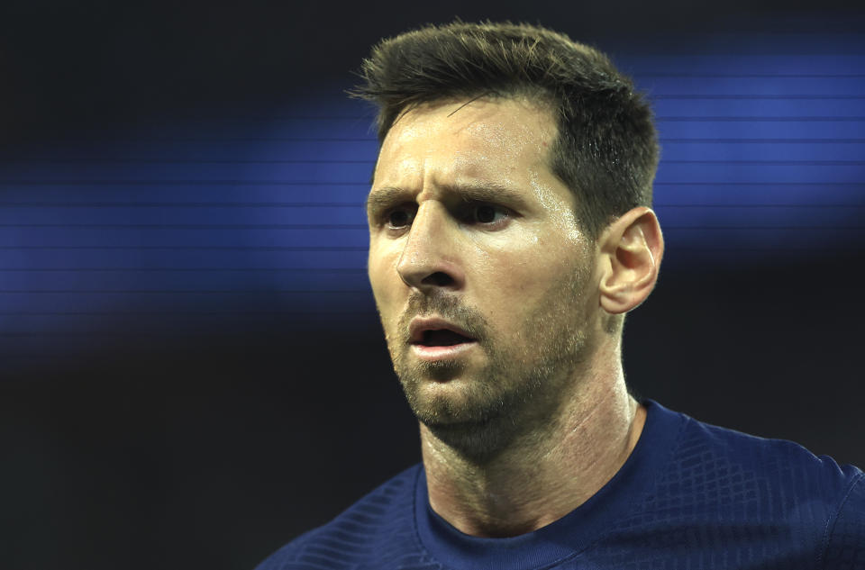 PSG's Lionel Messi during the French League One soccer match between Paris Saint-Germain and Monaco at the Parc des Princes in Paris, France, Sunday, Aug. 28, 2022. (AP Photo/Aurelien Morissard)