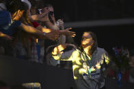 Gold medalist Lilly King of the United States celebrates after the Women 200m Breaststroke final at the 19th FINA World Championships in Budapest, Hungary, Thursday, June 23, 2022. (AP Photo/Anna Szilagyi)