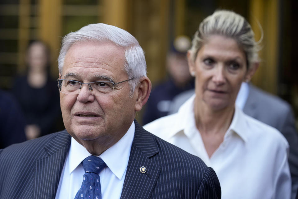 Sen. Bob Menendez and his wife, Nadine Menendez leave federal court, Wednesday, Sept. 27, 2023, in New York. Menendez pled not guilty to federal charges alleging he used his powerful post to secretly advance Egyptian interests and carry out favors for local businessmen in exchange for bribes of cash and gold bars. (AP Photo/Seth Wenig)