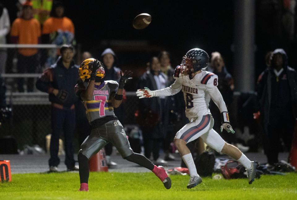 Hononegah's Isaiah Houi gets behind the Belvidere North defense for a 45-yard touchdown catch in Hononegah's 34-7 victory on Friday, Oct. 6, 2023, at Hononegah High School in Rockton.