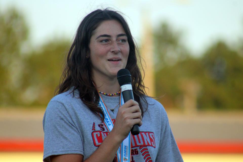 Middleburg High School pitcher Mallory Forrester speaks to the audience  during a celebration for the state champion softball team on June 2, 2022. [Clayton Freeman/Florida Times-Union]