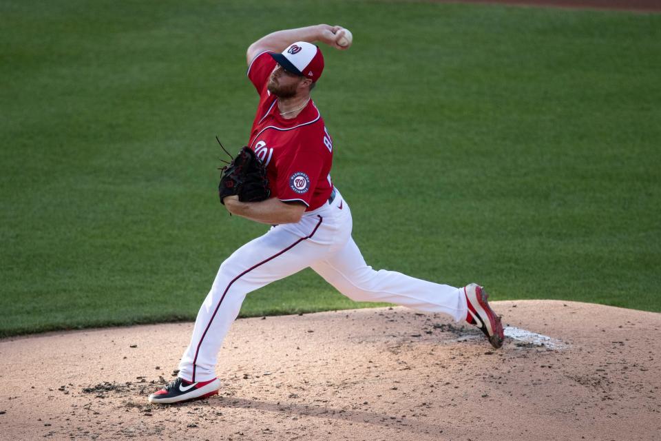 Washington Nationals pitcher Aaron Barrett throws during a baseball training camp workout at Nationals Park, Tuesday, July 14, 2020, in Washington.