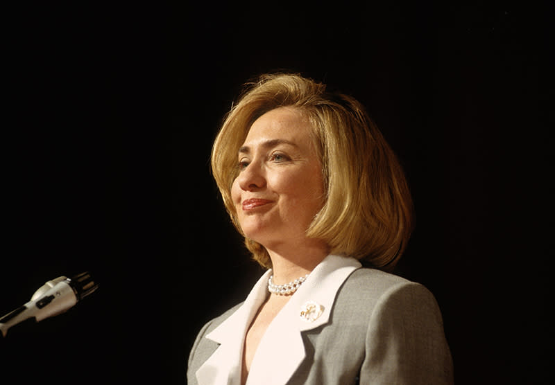 Hillary Clinton in a gray blazer with white lapels on January 26, 1996