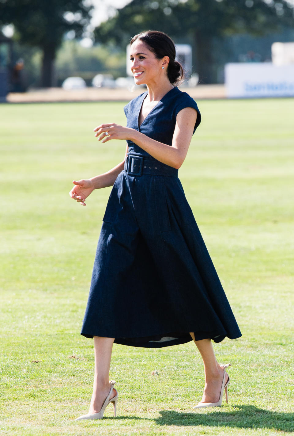 Meghan Markle wears Aquazzura heels at the Sentebale Polo event in 2018 [Photo via Getty Images]