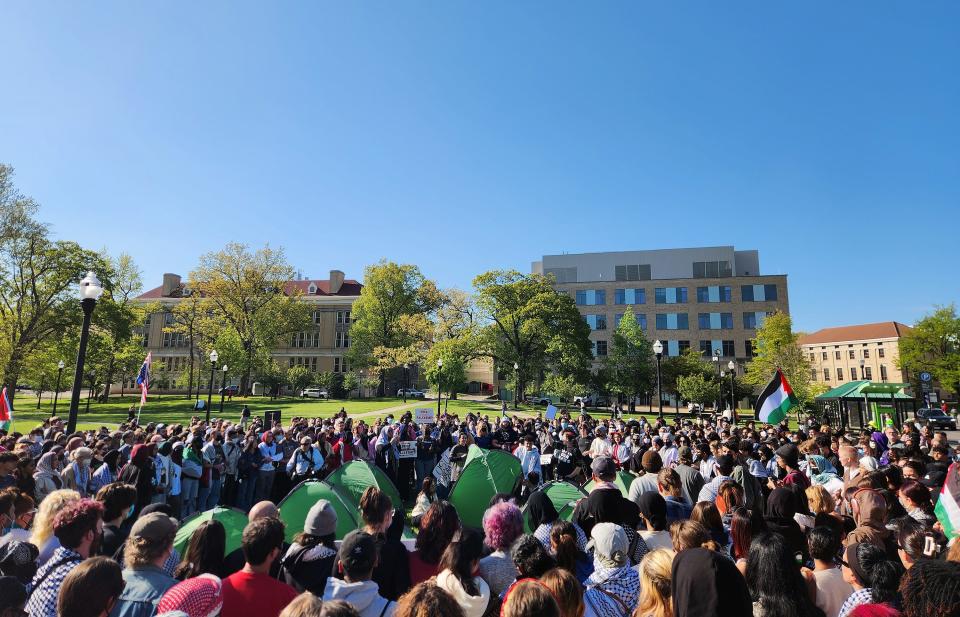 Ohio State University became the latest site of student protests against Israel as hundreds of Ohio State students, faculty and members of the Ohio Arab community rallied and set up tents outside the student union.