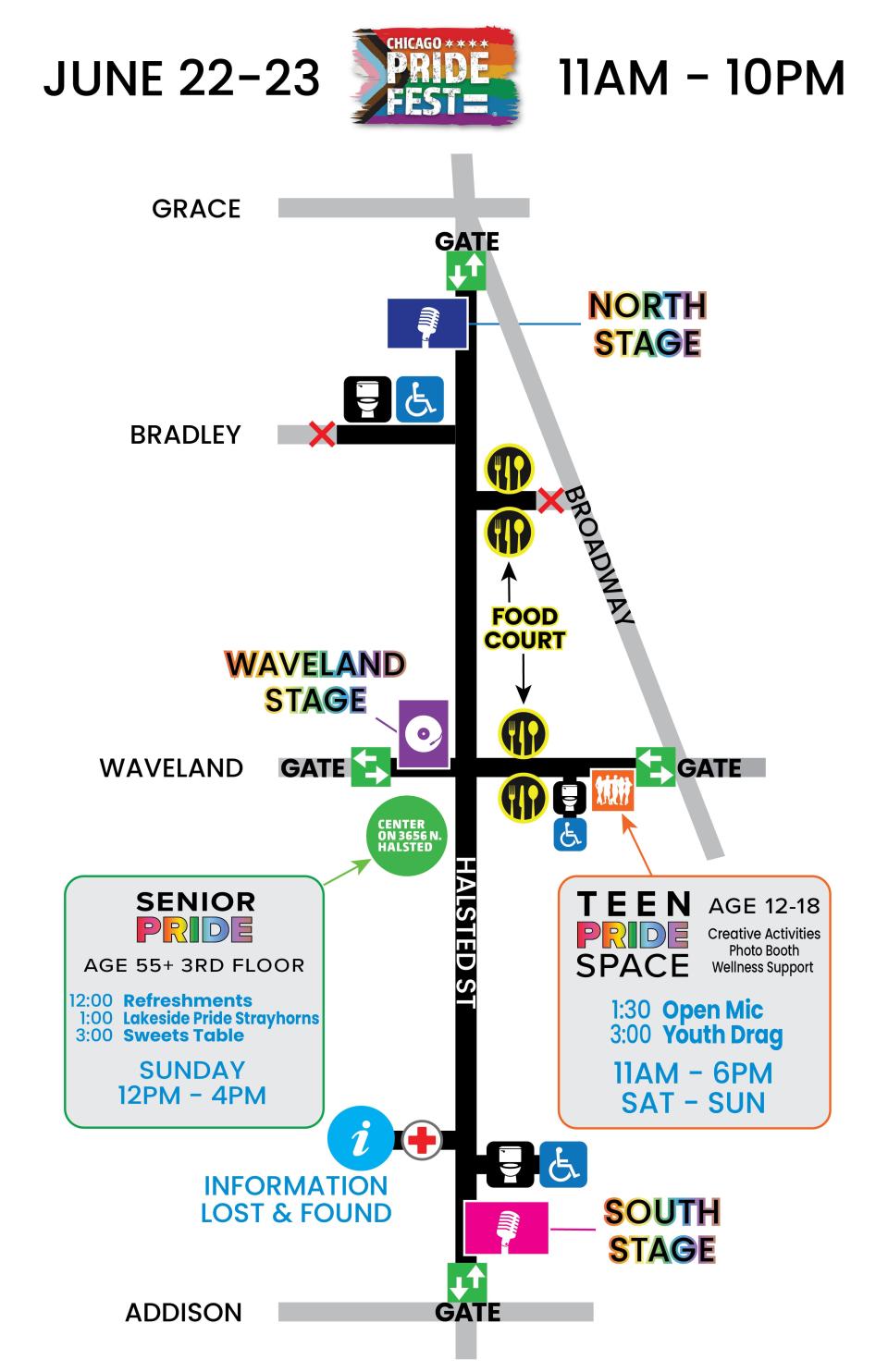 Map of Pride Fest in Chicago on June 22 and June 23.