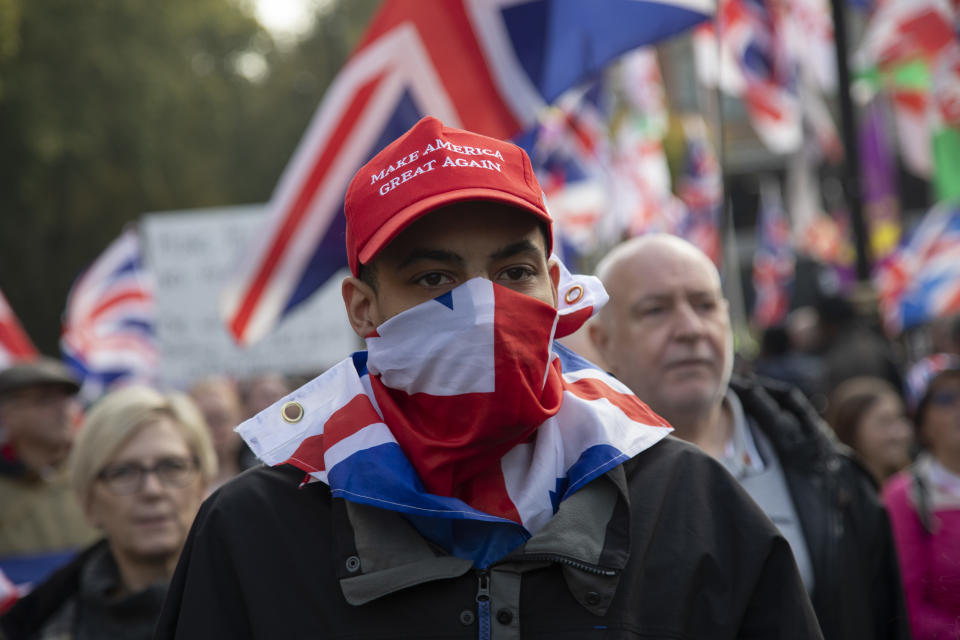 Pro Brexit anti European Union Leave protesters demonstrating in Westminster on what, prior to another Brexit Day extension, would have been the day the UK was scheduled to leave the EU, and instead political parties commence campaigning for a General Election on 31st October 2019 in London, England, United Kingdom. Brexit is the scheduled withdrawal of the United Kingdom from the European Union. Following a June 2016 referendum, in which 51.9% of participating voters voted to leave. (photo by Mike Kemp/In Pictures via Getty Images)