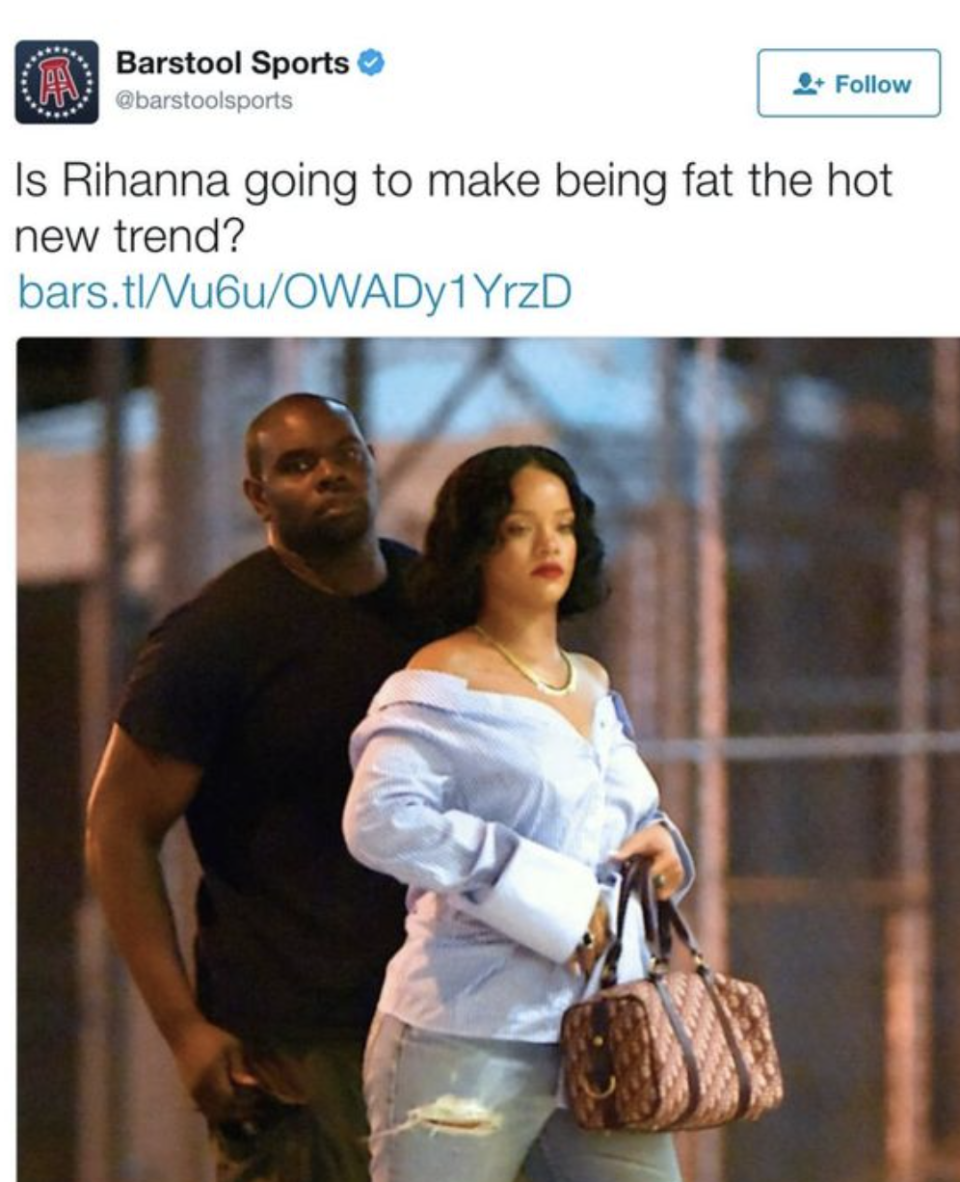 A tweet asking, "Is Rihanna going to make being fat the hot new trend?" and a picture of her walking