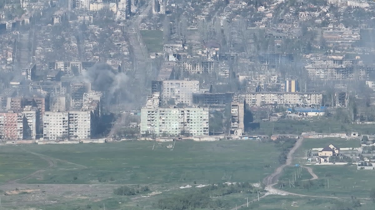 File photo: Smoke erupts following a shell explosion in Bakhmut last week  (via REUTERS)