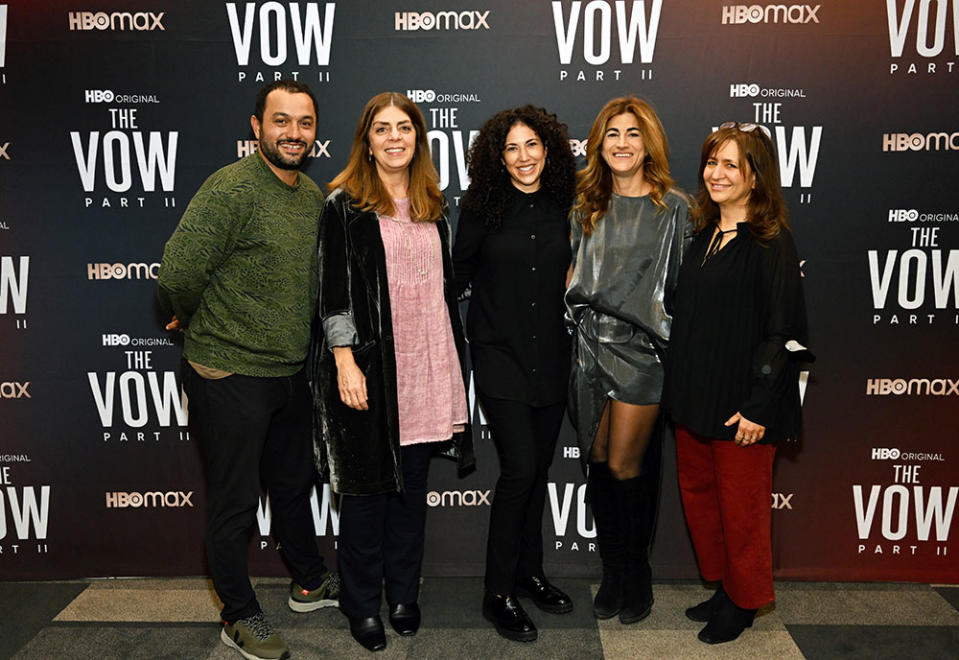 Producer Karim Amer; Nancy Abraham, EVP HBO Documentary and Family Programming; Sara Rodriguez, Senior VP HBO Documentary Programming; director Jehane Noujaim and Lisa Heller, EVP HBO Documentary and Family Programming attend HBO Documentary Series "The Vow, Part Two" Special Screening on October 17, 2022 in New York City.