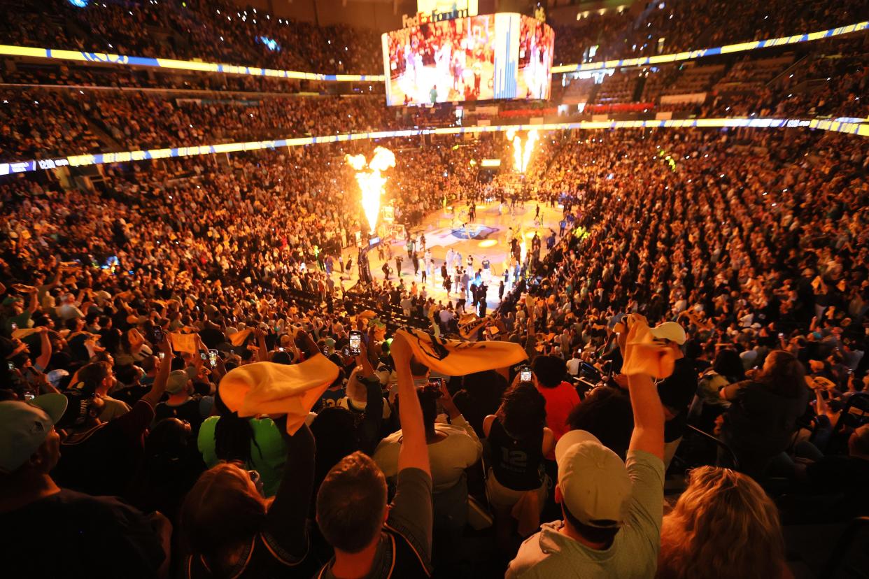 Memphis Grizzlies fans fill FedExForum prior to the start of the second round of the 2022 NBA Playoffs against the Golden State Warriors.  For complete Game 1 coverage, see Sports.