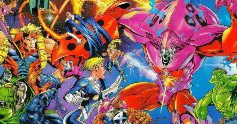The Avengers and Fantastic Four fight Onslaught in the 1996  crossover event.
