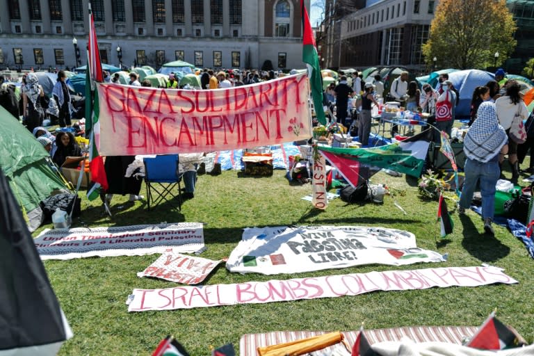A large group of demonstrators has established a 'Gaza Solidarity Encampment' on a central lawn at Columbia University (Charly TRIBALLEAU)