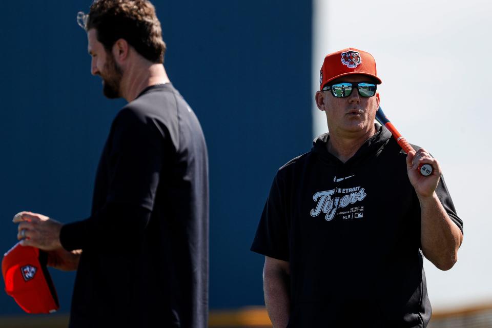 Detroit Tigers manager A.J. Hinch watches practice next to pitcher Casey Mize during spring training at Tigertown in Lakeland, Fla. on Wednesday, Feb. 14, 2024.