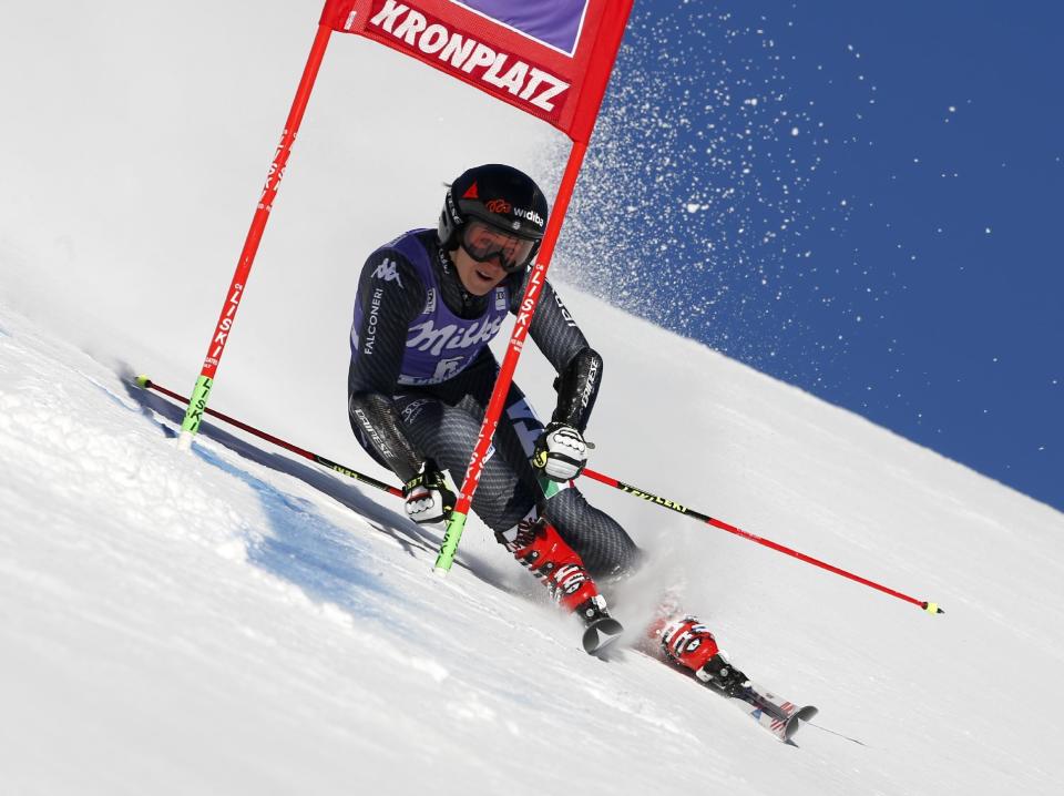 Italy's Sofia Goggia speeds down the course during an alpine ski, women's World Cup giant slalom, in San Vigilio di Marebbe, Italy, Tuesday, Jan. 24, 2017. (AP Photo/Marco Trovati)