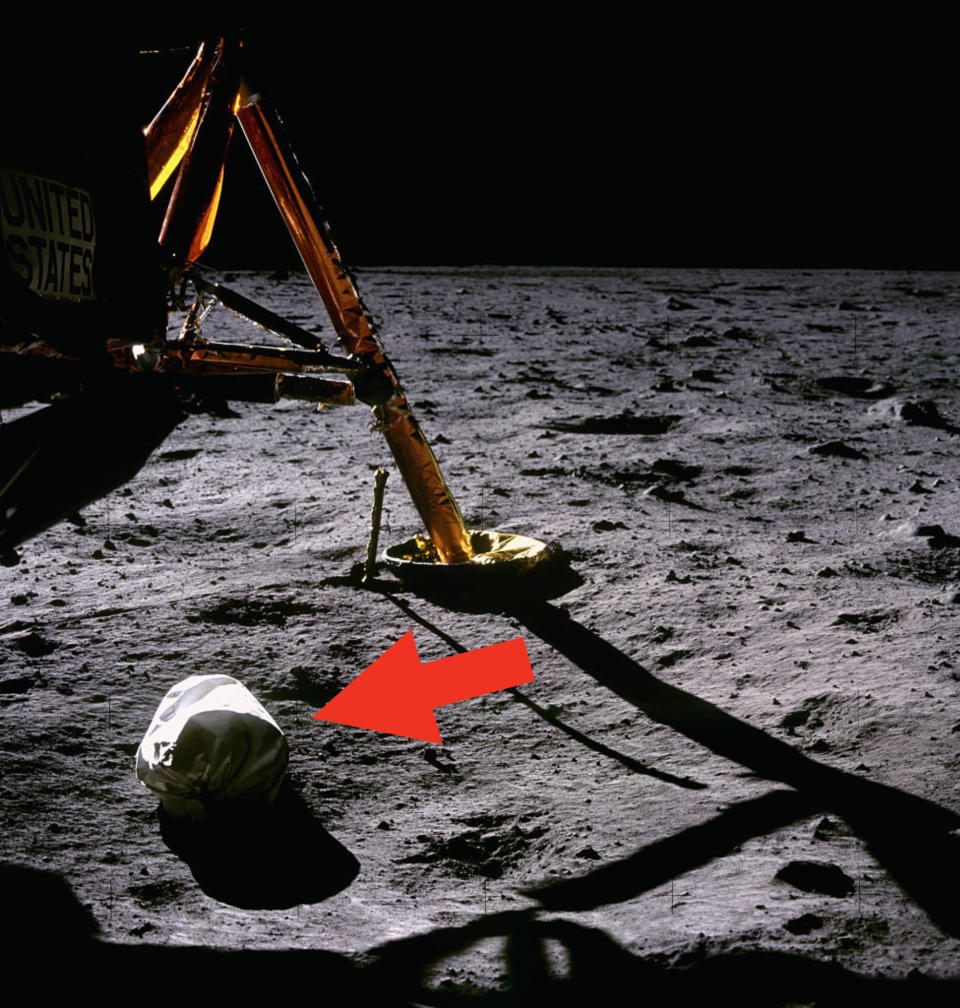 Apollo lunar module leg and astronaut's footprint on the moon's surface