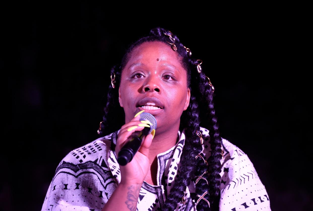 <p>Patrisse Cullors speaks at her Thesis Solo Show on 18 April 2019 in Los Angeles, California.</p> ((Getty Images for Patrisse Cullors))
