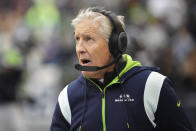 Seattle Seahawks head coach Pete Carroll watches during the first half of an NFL football game against the New York Jets, Sunday, Jan. 1, 2023, in Seattle. (AP Photo/Ted S. Warren)