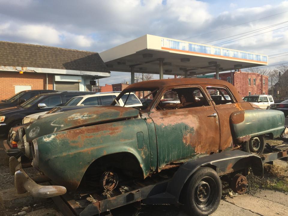 A rusting Studebaker sits at the former Monk's Amoco on Broadway in Camden in a December 2018 photo..