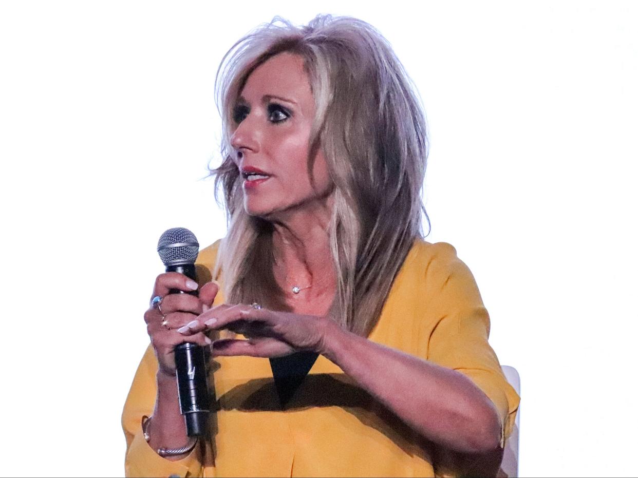 Author and speaker Beth Moore speaks during a panel on sexual abuse in Birmingham, Alabama on June 10, 2019.  (Adelle M. Banks/Religion News Service via AP)
